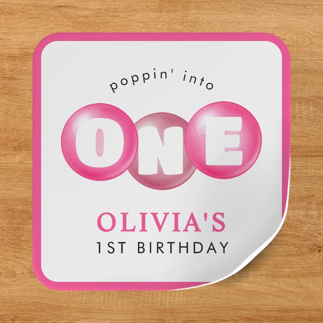 Sticker Carré Bubblegum Pink Poppin Fille 1er fête d'anniversair (Bubblegum Pink Poppin Girl 1st Birthday Party Square Sticker
)
