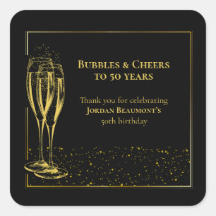Sticker Carré Bubbles and Cheers Black Gold 50e fête d'anniversa