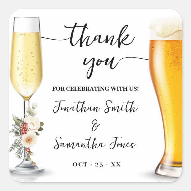 Sticker Carré Bubbles & Brews Merci Mariage d'Hiver (Devant)
