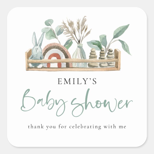 Sticker Carré Budget Boho Shelf Toys Sage Baby shower merci (Devant)