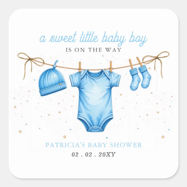 Sticker Carré Budget Clothesline Blue Boy Baby Shower invitation (Devant)
