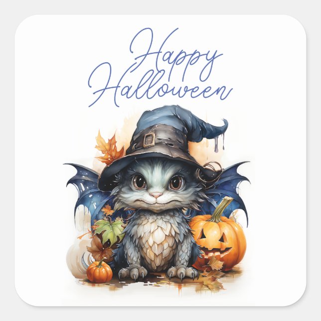 Sticker Carré Budget Enfant Aquarelle Bébé Dragon Halloween (Devant)