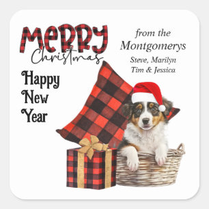 Sticker Carré Buffalo Plaid Australian Shepherd Puppy Christmas
