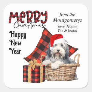 Sticker Carré Buffalo Plaid Beared Collie Puppy Holiday