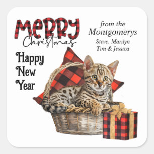 Sticker Carré Buffalo Plaid Bengal Kitten Noël