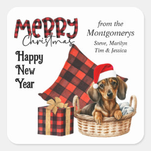 Sticker Carré Buffalo Plaid Brown Dachshund Puppy Holiday