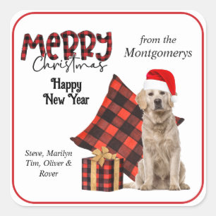 Sticker Carré Buffalo Plaid Golden Retriever Noël