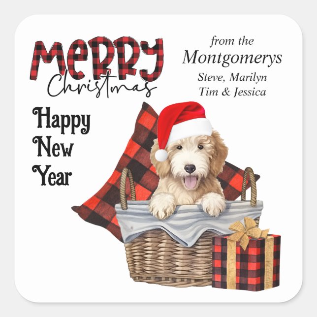 Sticker Carré Buffalo Plaid Goldendoodle Puppy Noël (Devant)