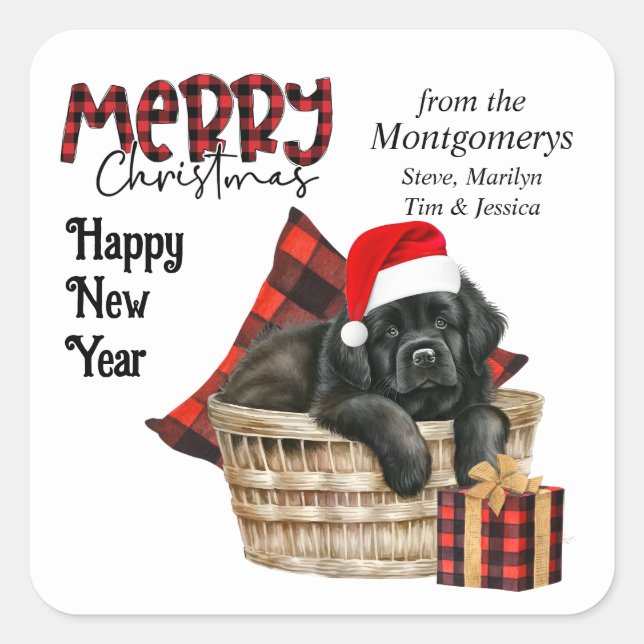 Sticker Carré Buffalo Plaid Newfoundland Puppy Christmas (Devant)