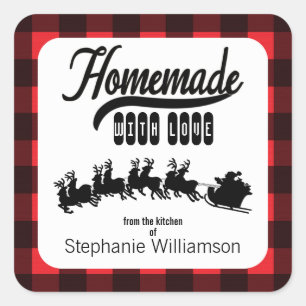 Sticker Carré Buffalo Plaid Père Noël fait maison avec un cadeau