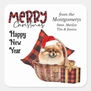 Sticker Carré Buffalo Plaid Pomeranian Chien Noël