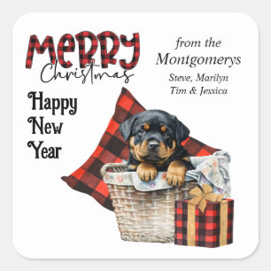 Sticker Carré Buffalo Plaid Rottweiler Puppy Christmas