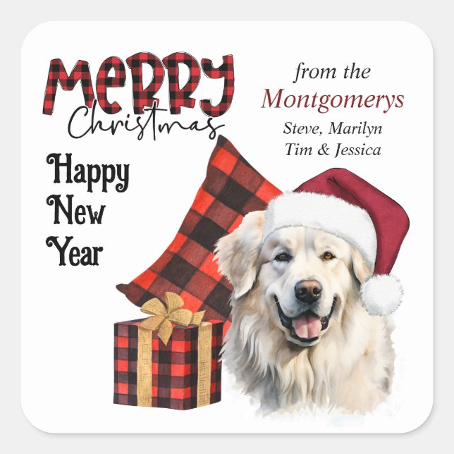 Sticker Carré Buffalo Plaid Santa Hat Great Pyrenees Dog (Devant)