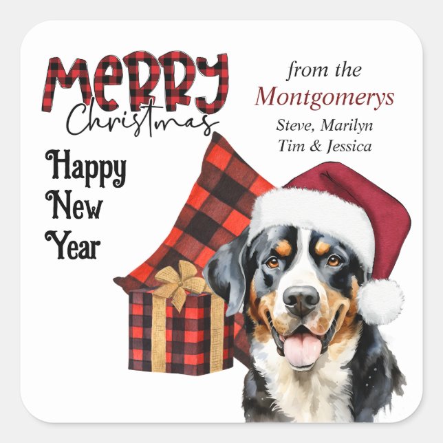 Sticker Carré Buffalo Plaid Santa Hat Swiss Mountain Dog (Devant)