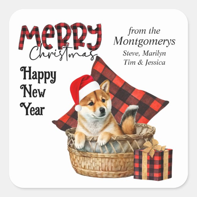 Sticker Carré Buffalo Plaid Shiba Inu Puppy Christmas (Devant)