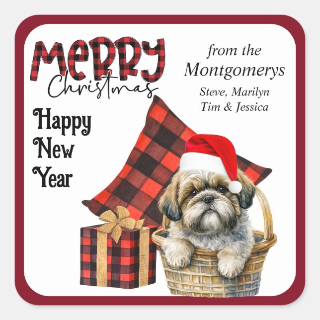 Sticker Carré Buffalo Plaid Shih Tzu Puppy Christmas (Devant)