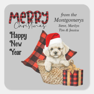 Sticker Carré Buffalo Plaid Toy Poodle Puppy Noël