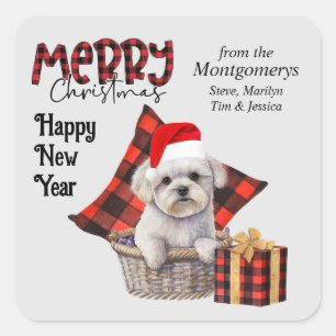 Sticker Carré Buffalo Plaid White Maltese Chien Christmas