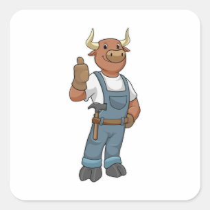 Sticker Carré Bull comme Handyman avec Hammer