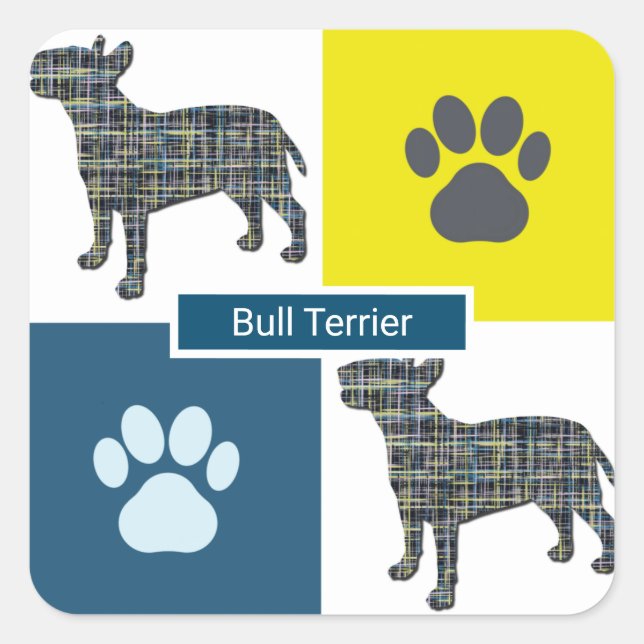 Sticker Carré Bull Terrier Chien Silhouette et Paw Grille Y&B (Devant)