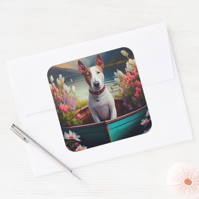 Sticker Carré Bull Terrier sur une pagaie : une aventure Pittore (Enveloppe)