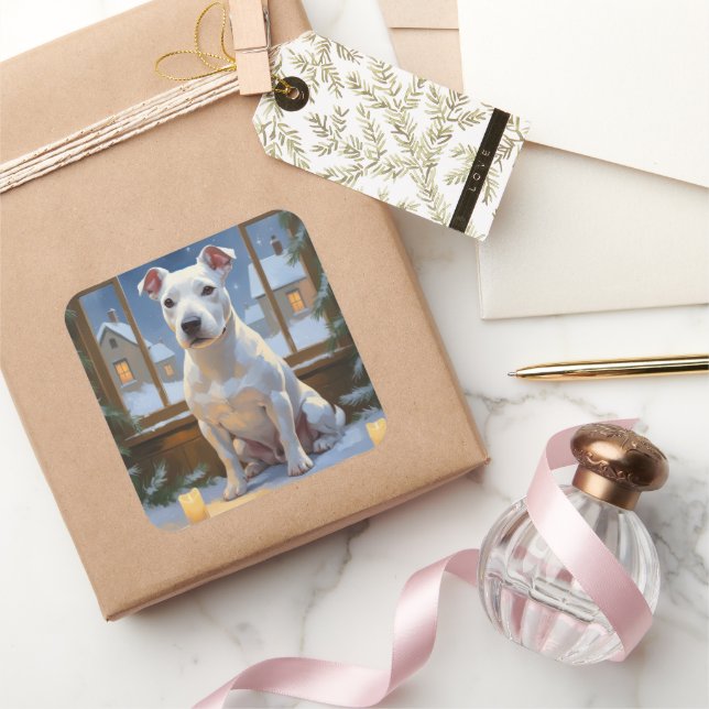 Sticker Carré Bull Terrier with Christmas Lights Holiday (Cadeaux)