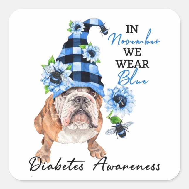 Sticker Carré Bulldog Novembre Nous Portons Blue Diabetes Sensib (Devant)