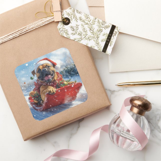 Sticker Carré Bullmastiff Chien dans la corniche Laissez-le neig (Cadeaux)