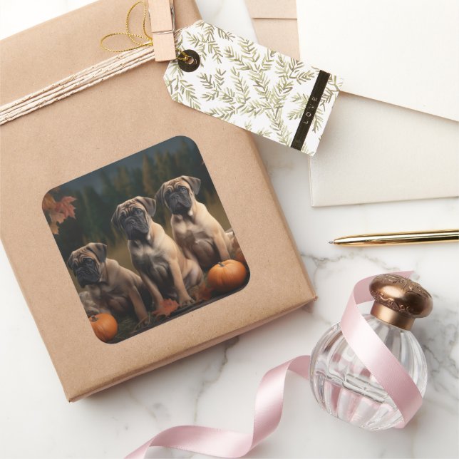 Sticker Carré Bullmastiff Chiot Automne Citrouille de plaisir (Cadeaux)