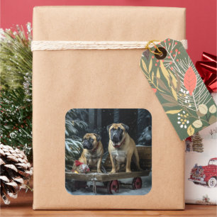 Sticker Carré Bullmastiff enneigé traîneau décoration de Noël