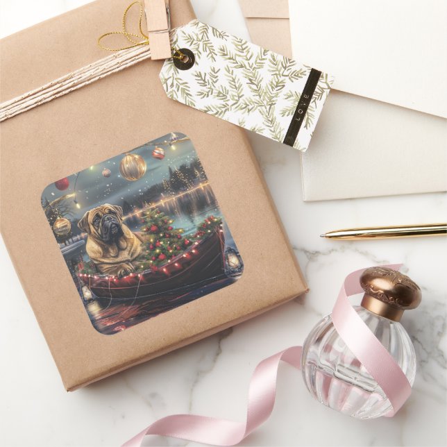 Sticker Carré Bullmastiff Noël Festive Voyage (Cadeaux)