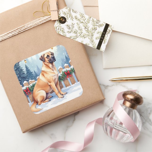 Sticker Carré Bullmastiff Winter Forest Holly Christmas Art (Cadeaux)