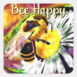 Sticker Carré Bumble Bee Happy Flower Floral Aquarelle