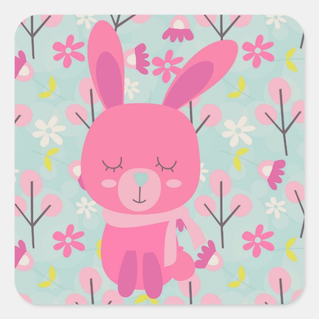 Sticker Carré Bunnies et fleurs roses (Devant)