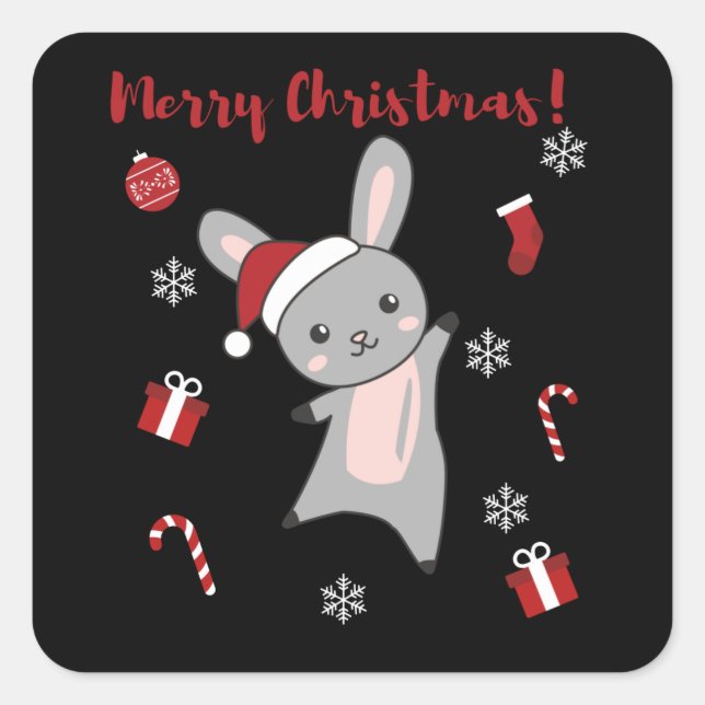 Sticker Carré Bunny Merry Christmas Winter Animals Rabbits (Devant)