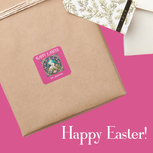 Sticker Carré Bunny Pâques rose Art Nouveau Vitrail