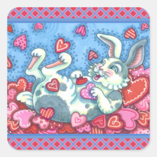 STICKER CARRÉ BUNNY RABBIT & COEURS COLORÉS ÉLEVANT VALENTINES