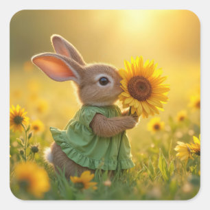 Sticker Carré Bunny Sniffer un tournesol jaune
