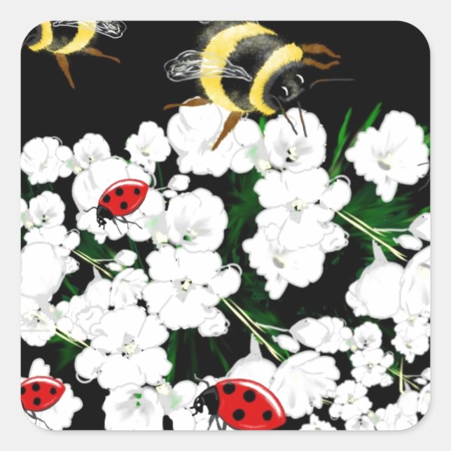 Sticker Carré Bureaux d'abeilles dramatiques et fleurs blanches  (Devant)