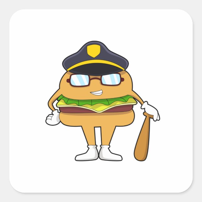Sticker Carré Burger en tant que policier avec casquette de poli (Devant)