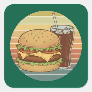 Sticker Carré Burger rétro et cola.