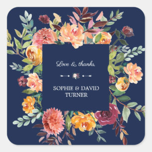 Sticker Carré Burgundy Blush Floral Frame Bleu foncé Mariage