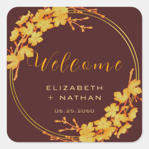 Sticker Carré Burgundy Classy & Gold Floral Mariage Bienvenue