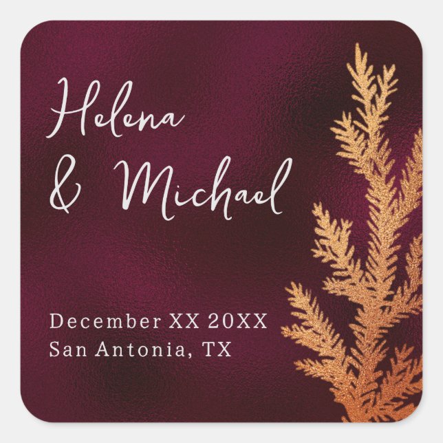 Sticker Carré Burgundy et cuivre Hiver Mariage Pine Branche (Devant)