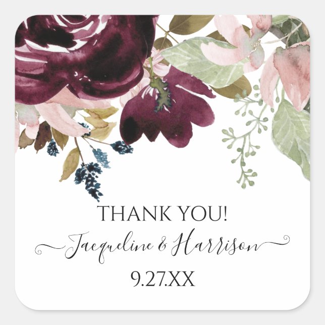 Sticker Carré Burgundy Floral Blush Élégant Mariage Eucalyptus (Devant)