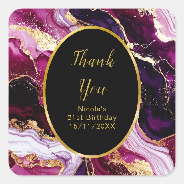 Sticker Carré Burgundy Red and Gold Marble Agate Birthday Party (Devant)