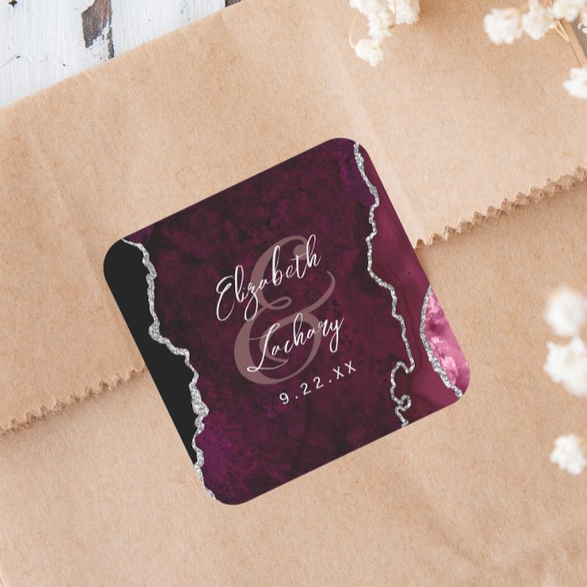 Sticker Carré Burgundy Silver Agate Script Wedding (Créateur téléchargé)