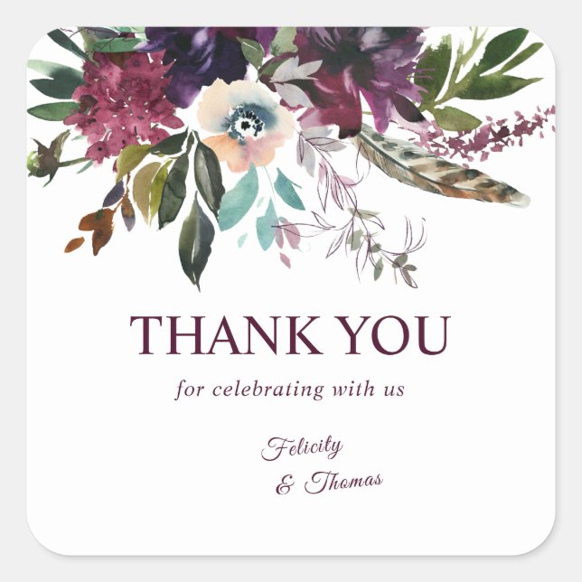 Sticker Carré Burgundy Splendor Boho Floral White Thank You (Devant)