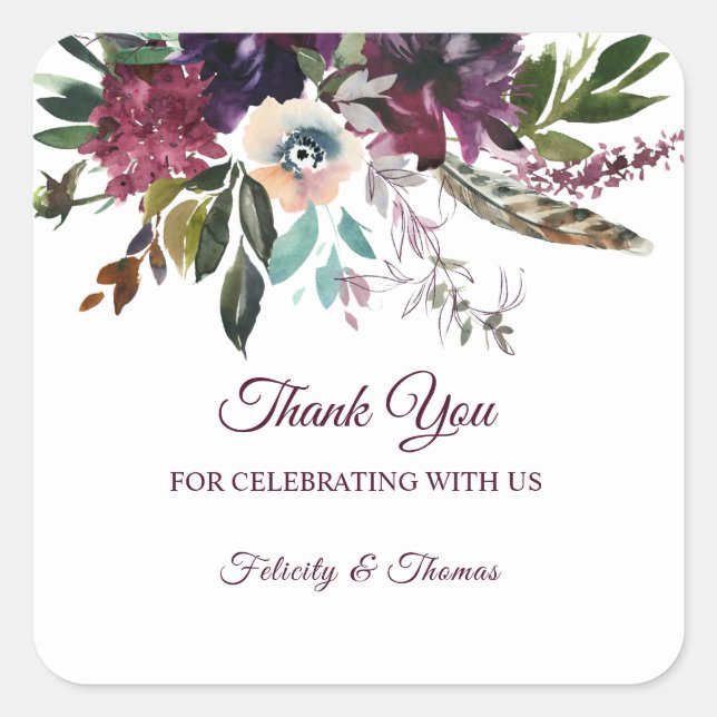 Sticker Carré Burgundy Splendor Floral White Thank You (Devant)
