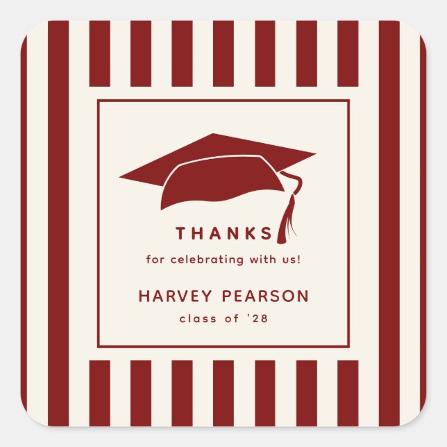 Sticker Carré Burgundy Stripes Custom Graduation Party Thank You (Devant)